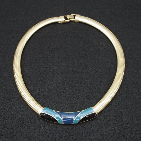 Trifari Omega Necklace Vintage 1980s Signed Modernist Gold Tone Enameled - Picture 12 of 12